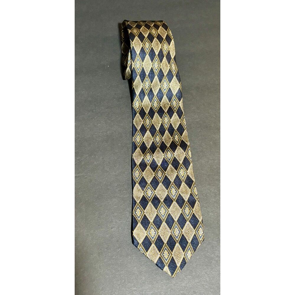 Van Heusen 100% Silk Tie – Navy Blue Gold Diamond Geometric Pattern –Necktie